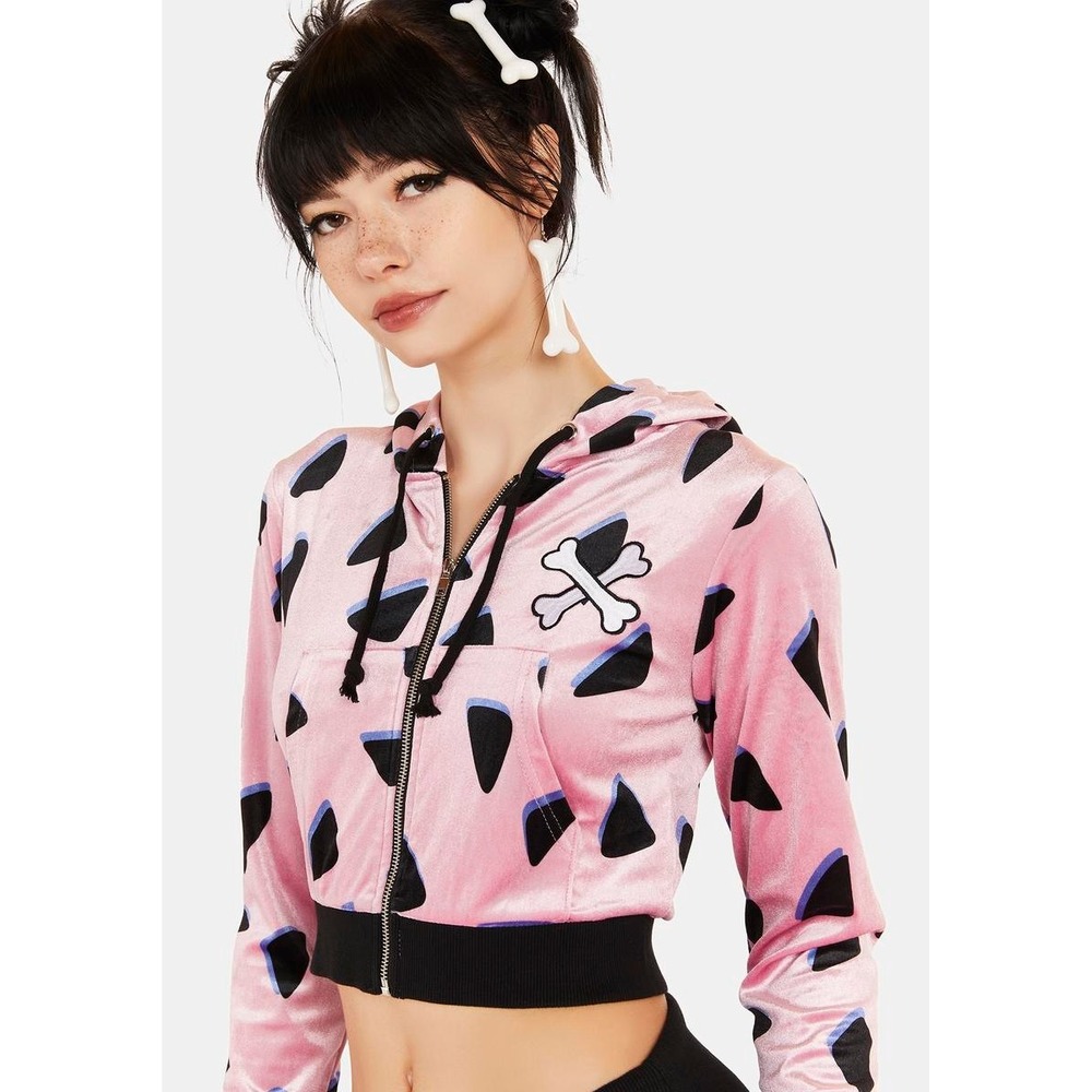 Dolls Kill x Hanna-Barbera Pebbles Flintstone Velvet Cropped Hoodie Pink Large